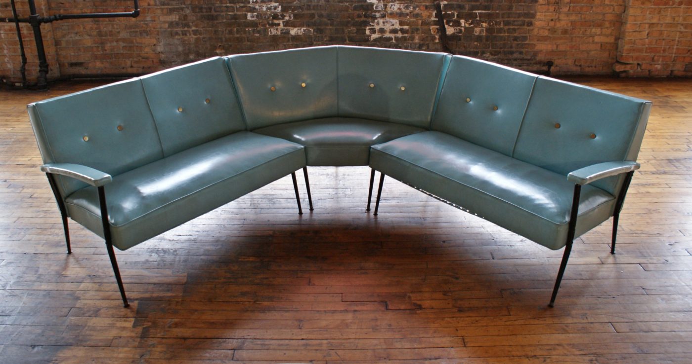 MCM Turquoise Vinyl Sectional Sofa w Brass Buttons