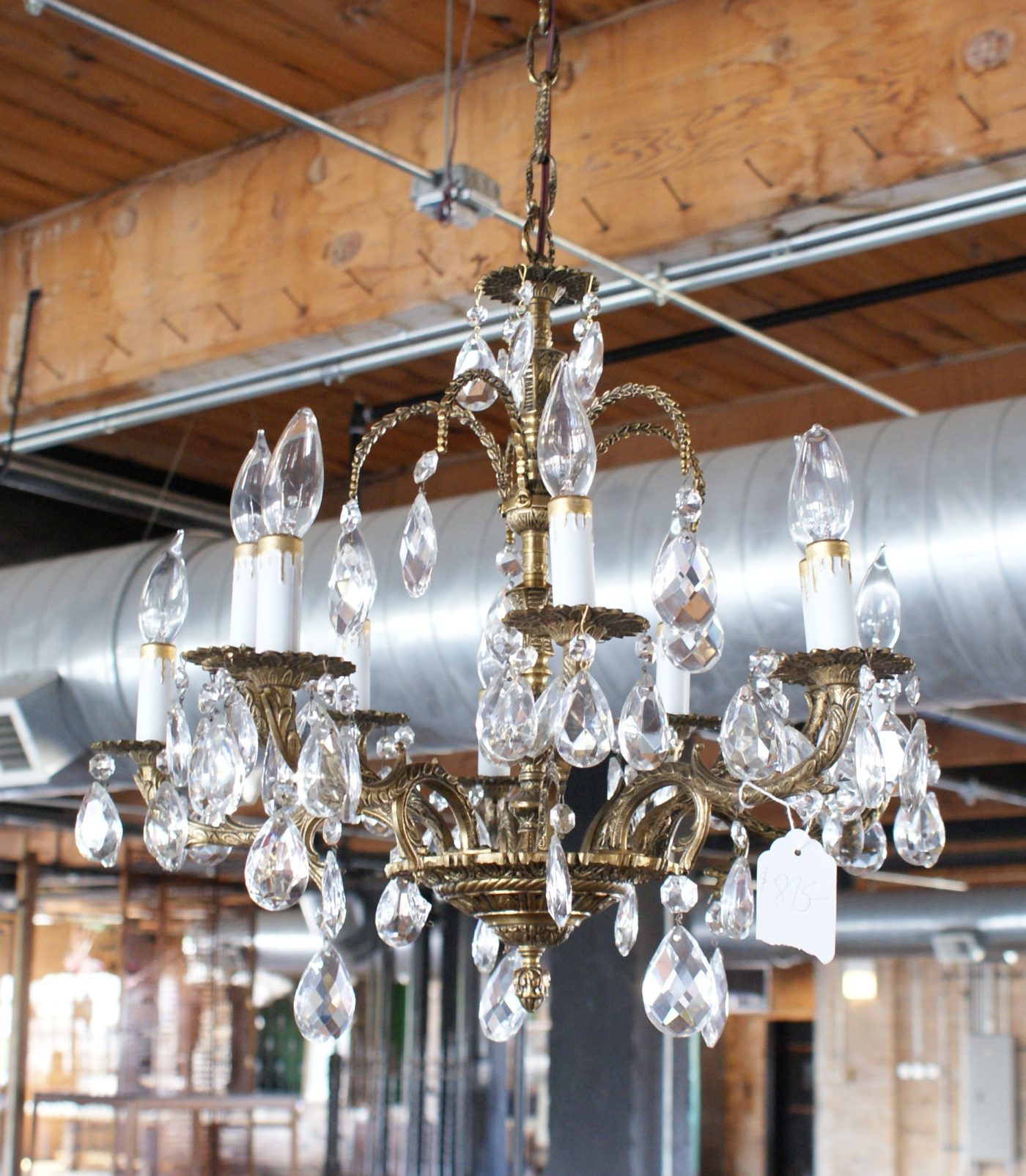 10 Light Heavy Brass Chandelier w Prisms