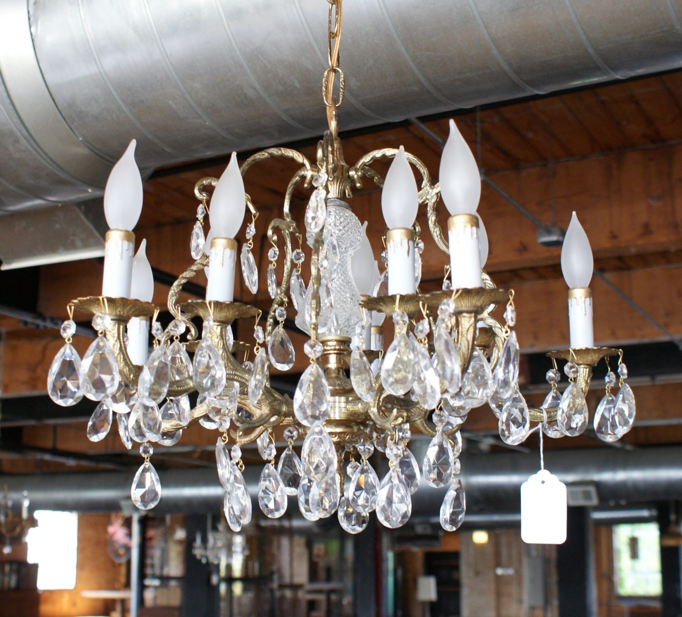 10 Light Brass Chandelier w Cut Glass Center and Prisms