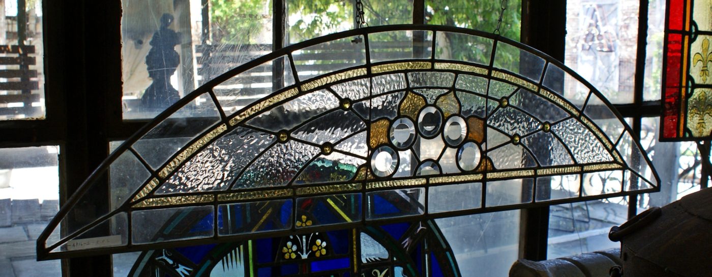 Arch Transom Stained Glass w 5 Circles and Jewels 54.5x14.5