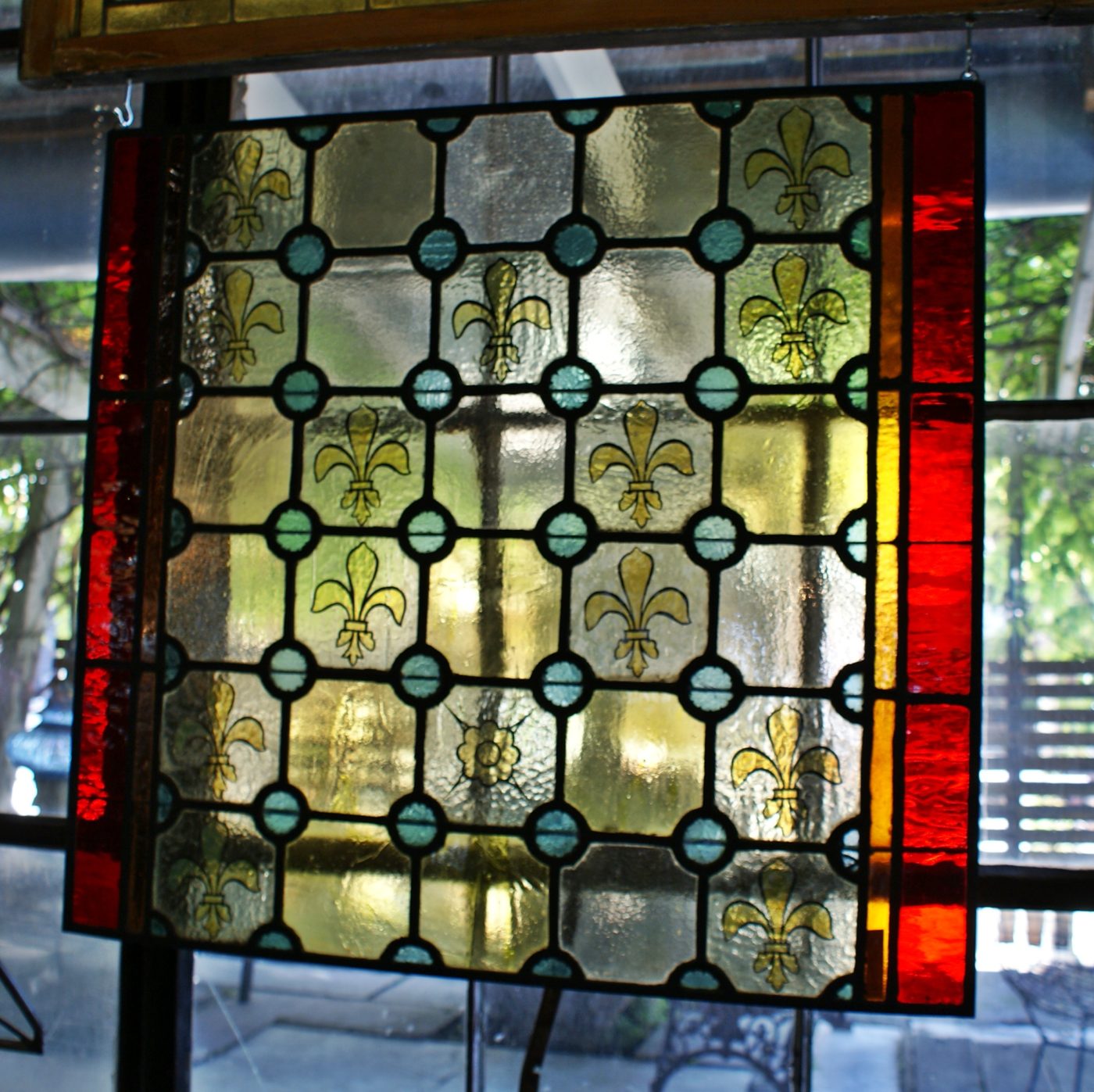 Red and Yellow Stained Glass w Painted Fleur de Lis