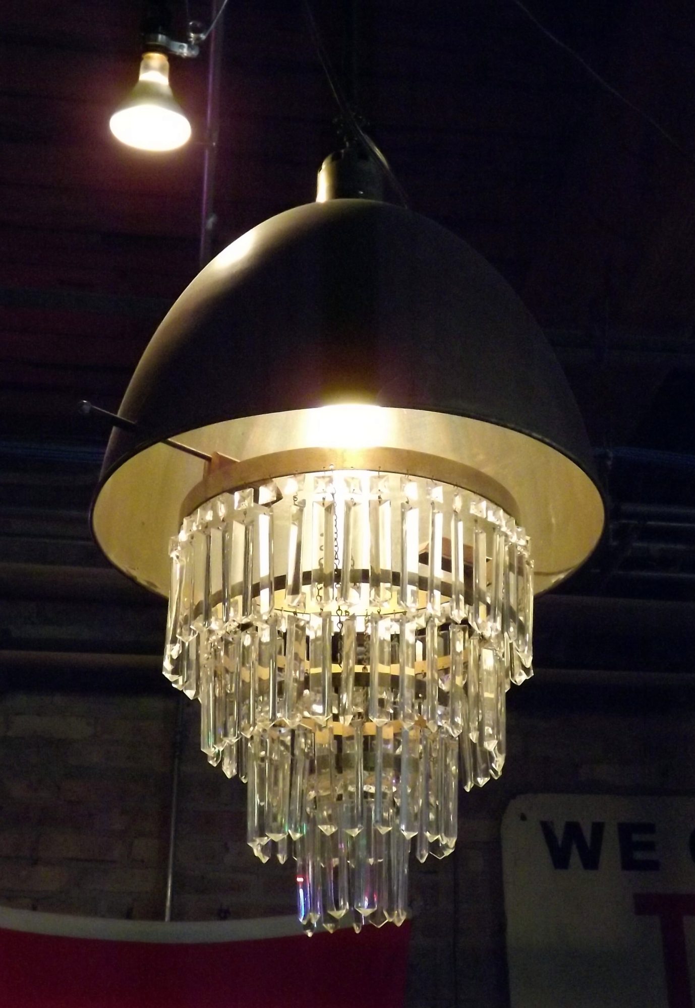 Custom Brass Dome and Crystal Hanging Fixture