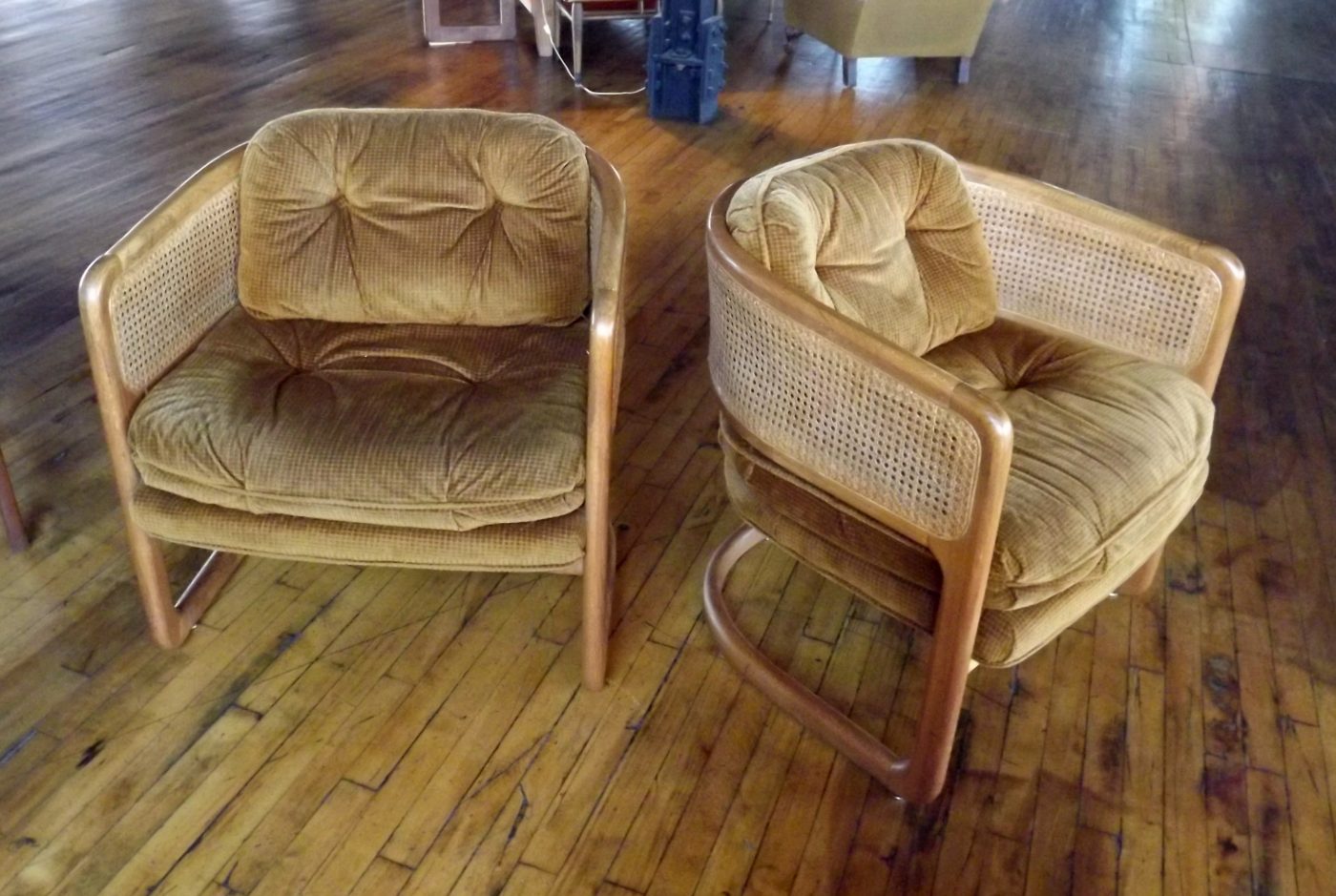 Brown MCM Lounge Chair PAIR w Wood Frame and Cane Sides