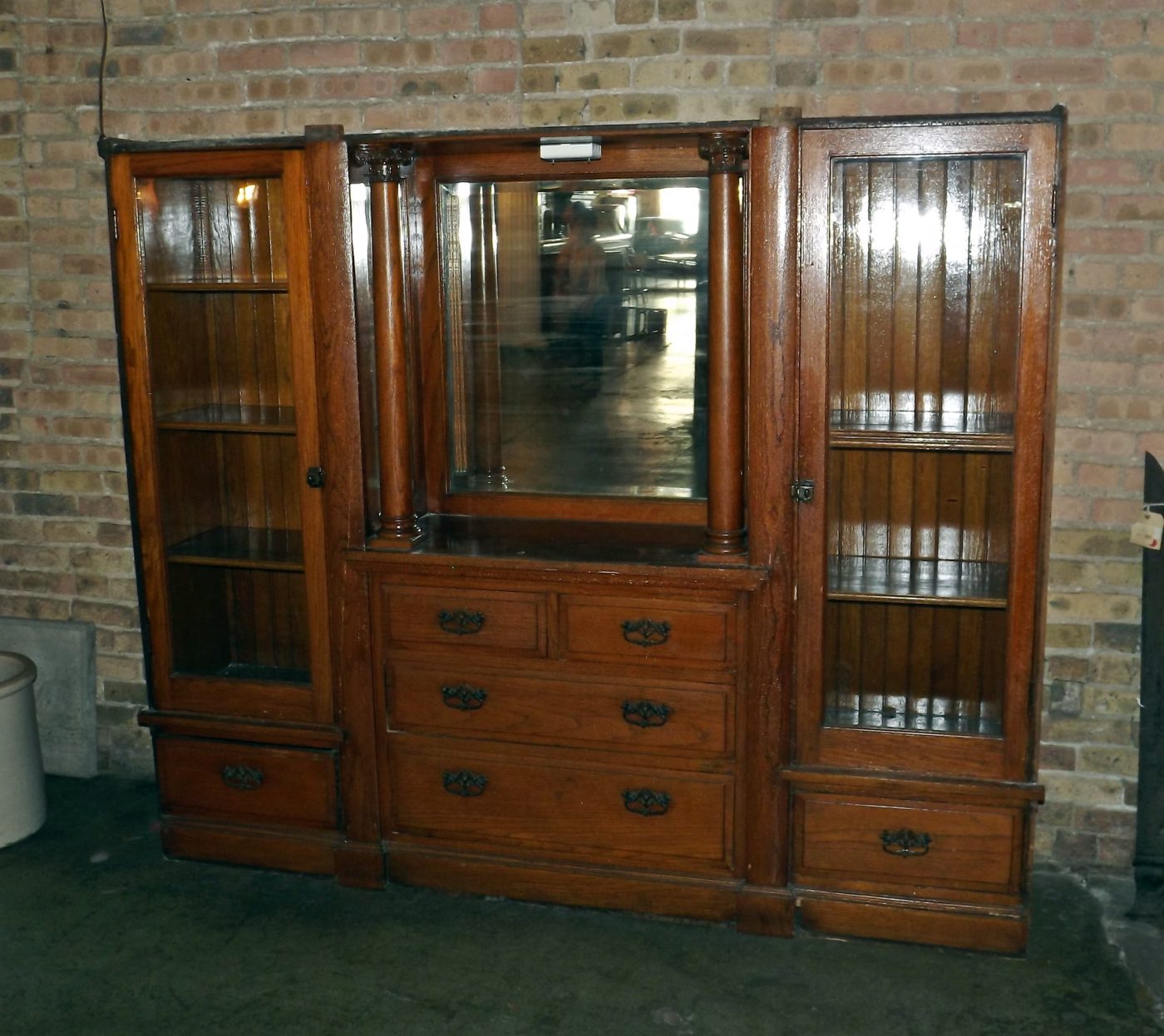 Antique Built In w Columns Mirror and 2 Glass Doors