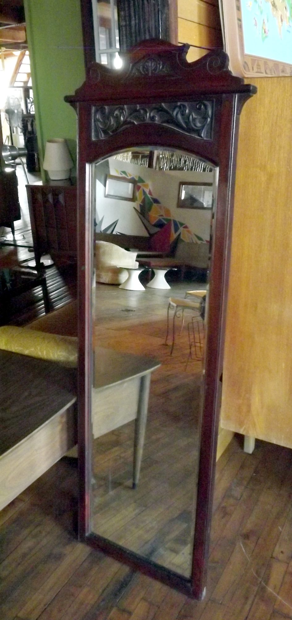 Antique Full Body Mirror w Carved Top