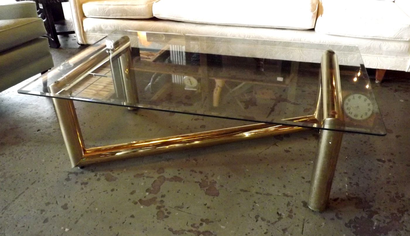 Tubular Base Coffee Table w Glass Top attr Karl Springer