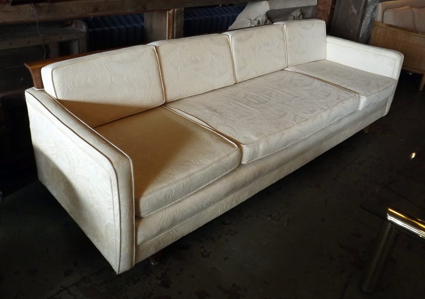 Cream MCM Sofa w Wood Back Accent