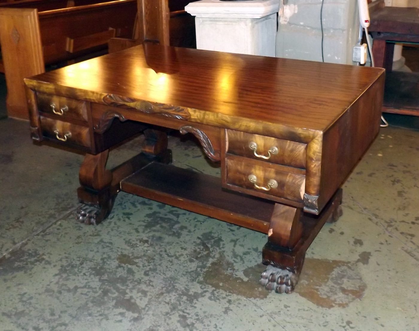 Antique Partners Desk w Bookmatched Veneer Top