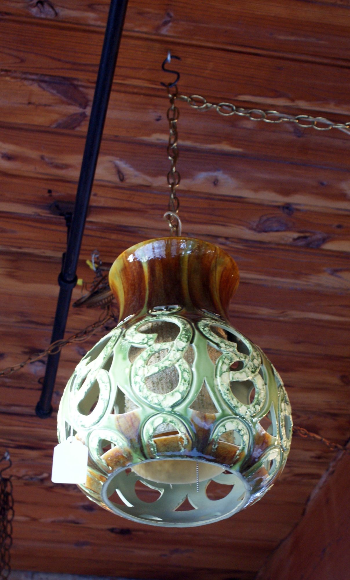 Green 70s Ceramic Fixture w Canvas Shade