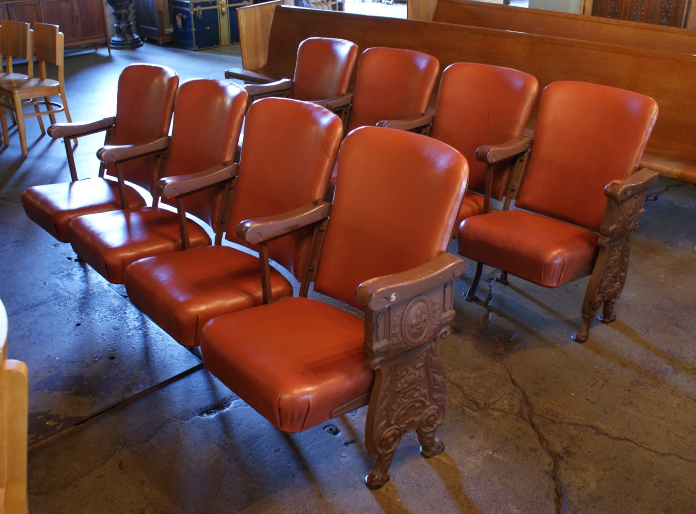 Row of 4 Coral Vinyl Theater Seats