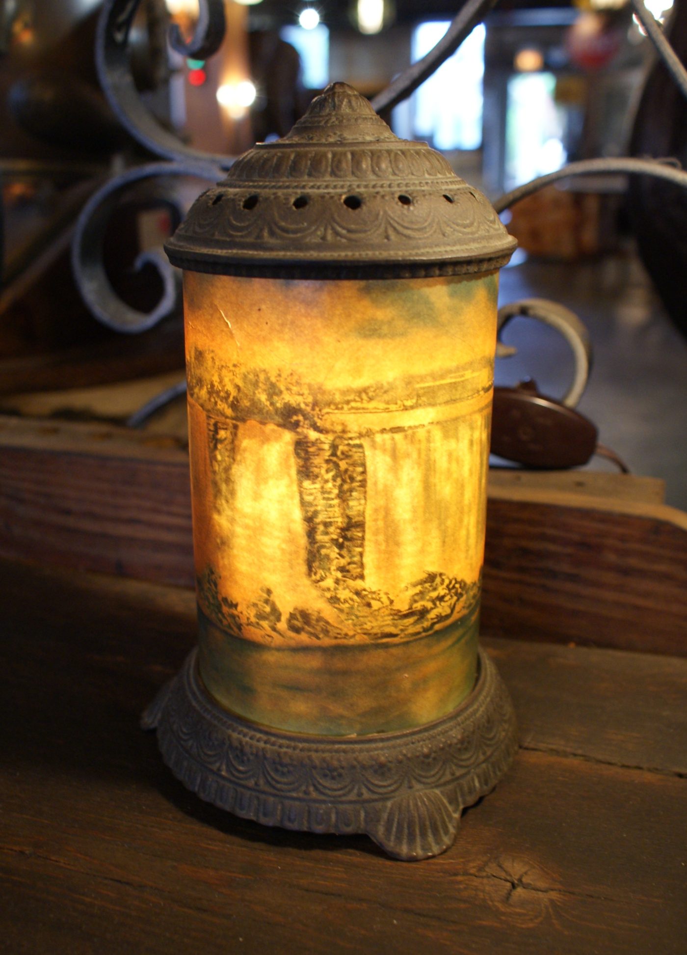 Antique Lamp w Waterfall Scene