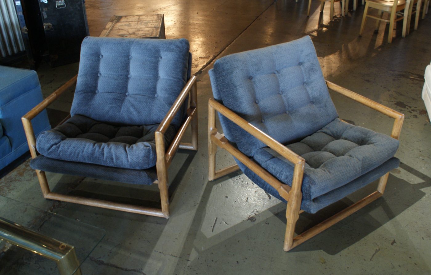 Oak Frame w Grey Fabric Lounge Chair PAIR