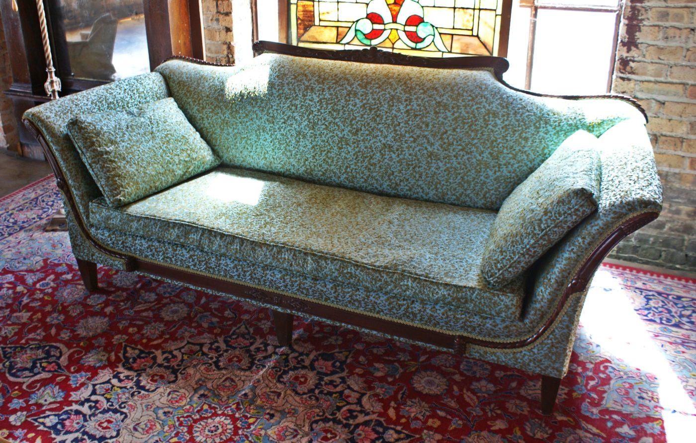 Green Victorian Patterned Sofa w Carved Accents