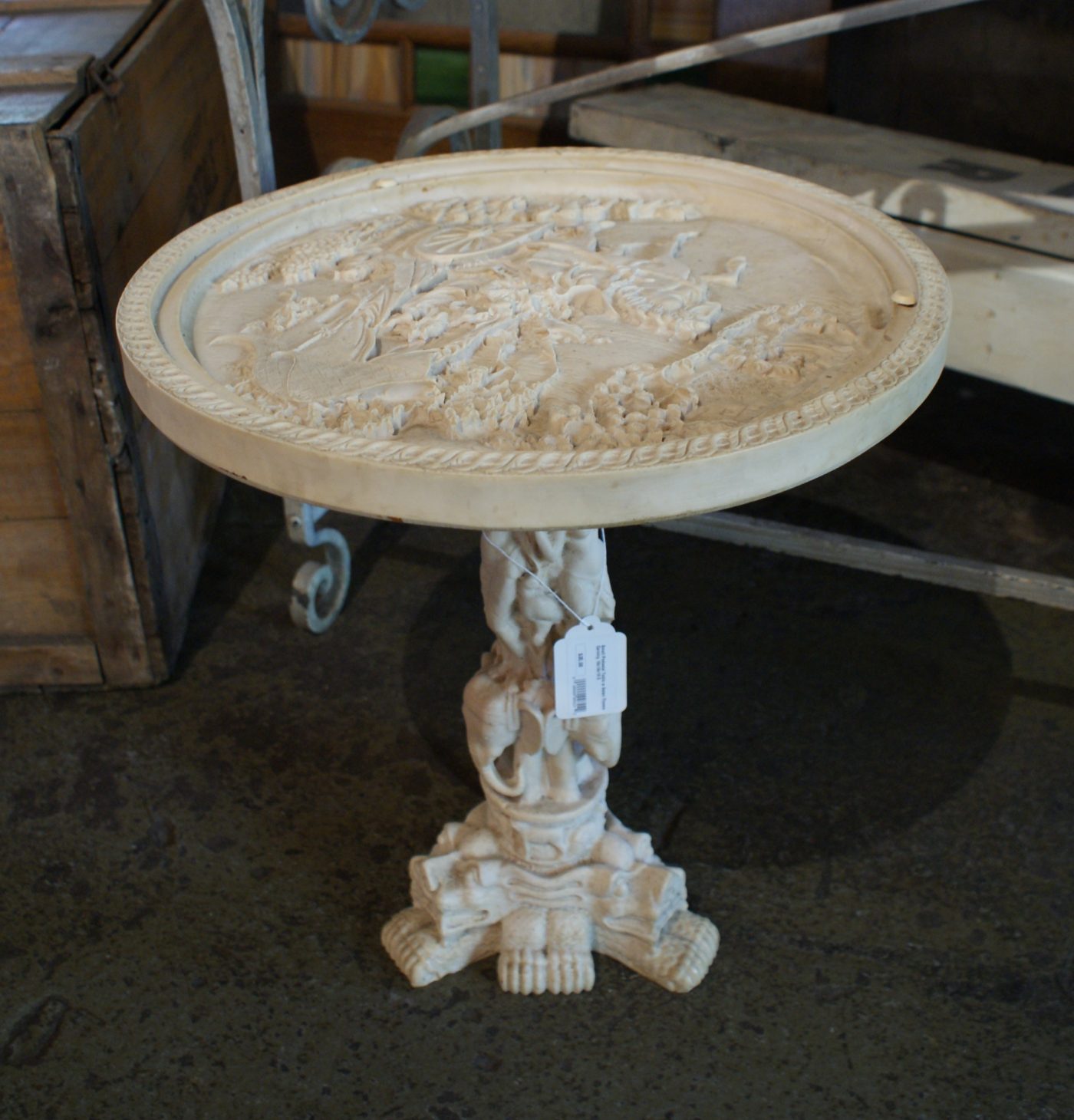 Small Pedestal Table w Asian Theme Carving