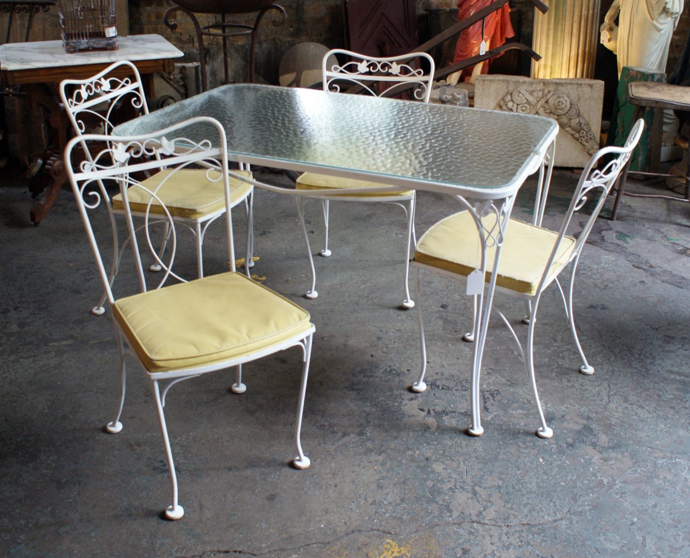 Vintage Patio Table w Glass Top and 4 Yellow Seat Chairs