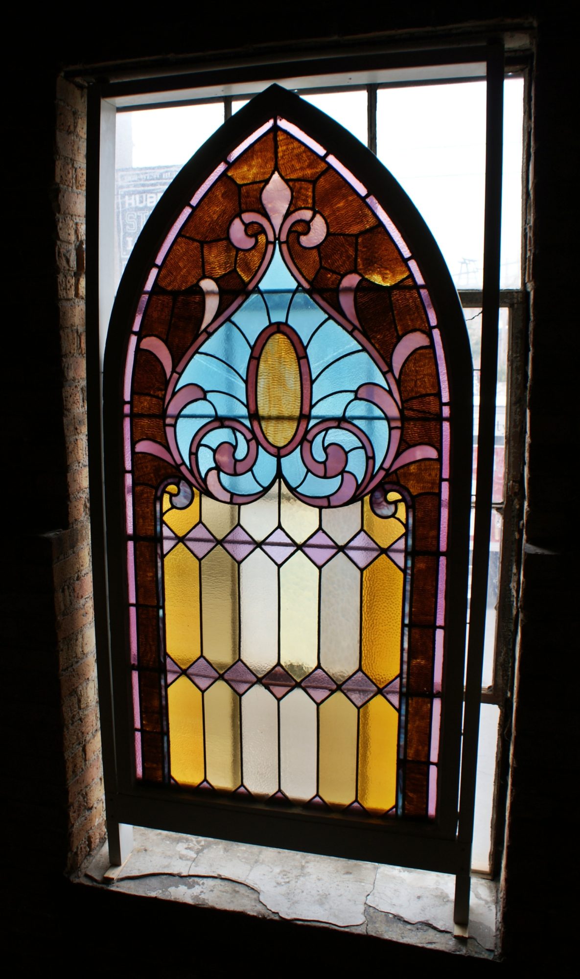 Multicolor Gothic Stained Glass w Fleur De Lis in Frame