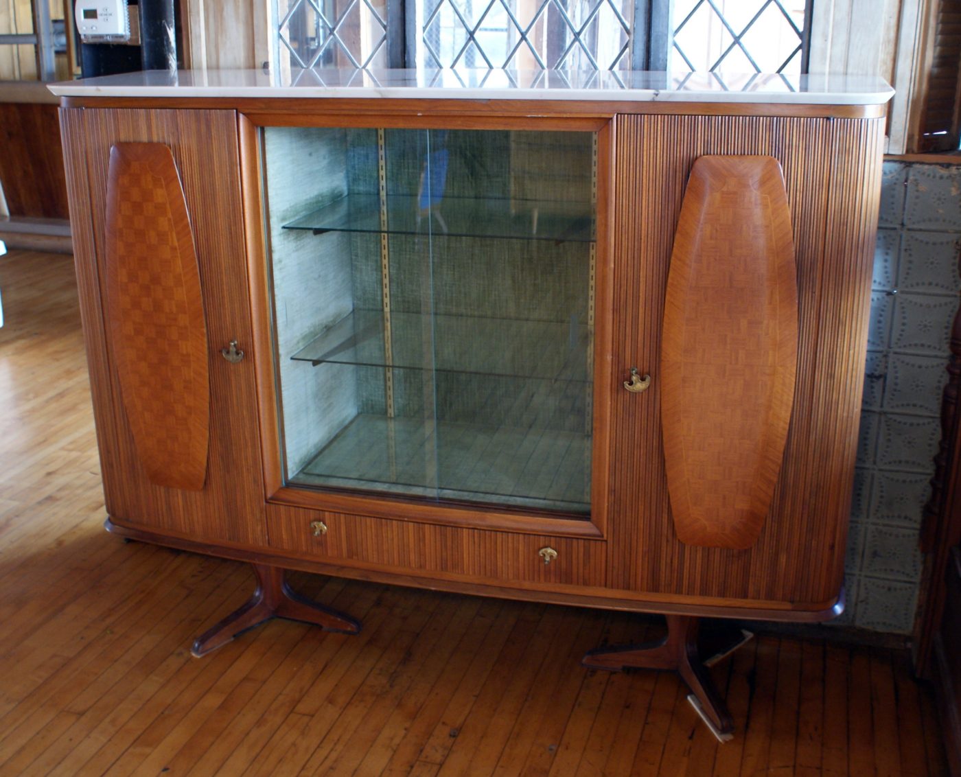 Custom Italian Bar Unit w Marble Top and Sliding Glass Doors