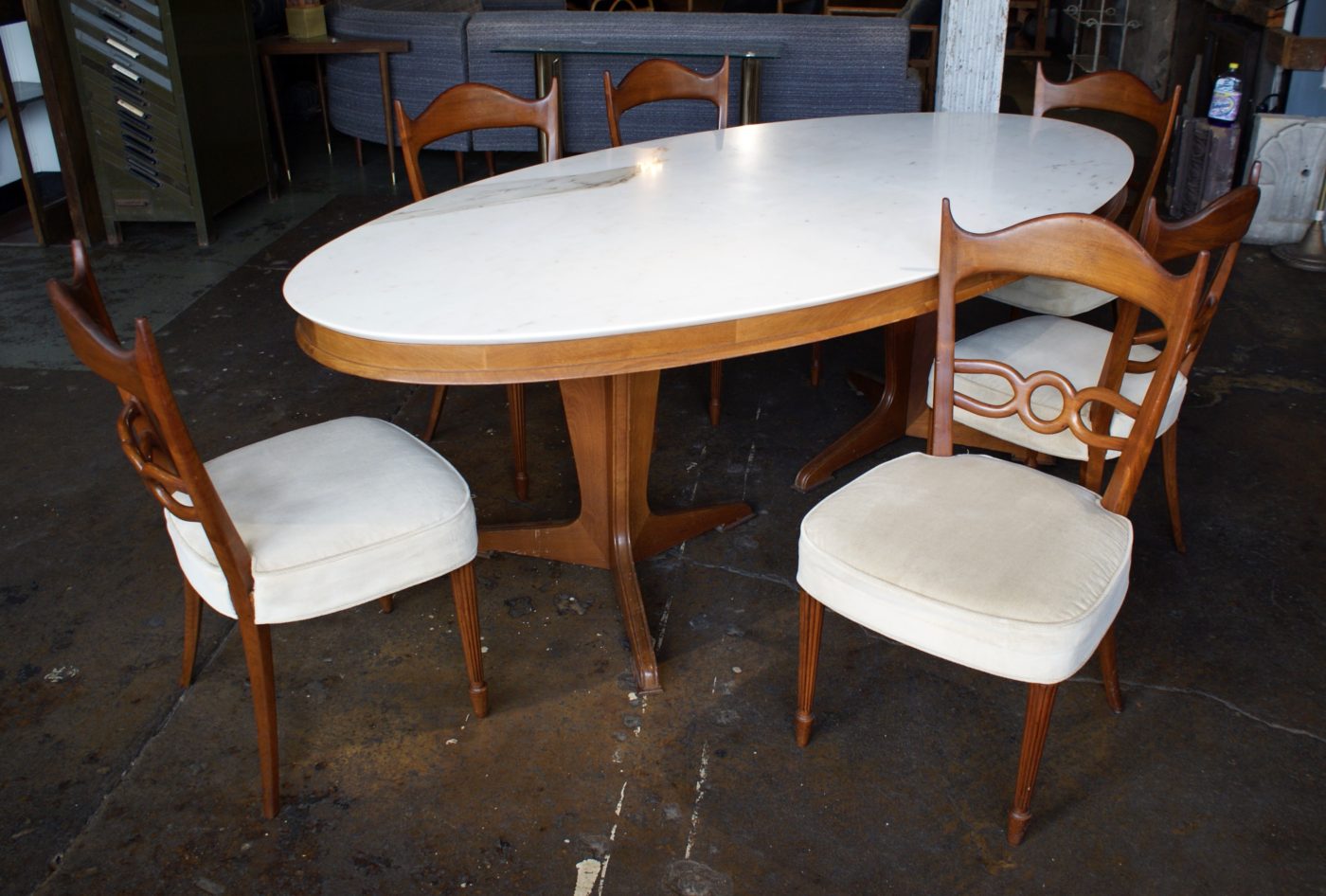 Custom Italian Marble Top Oval Dining Table w 6 Chairs