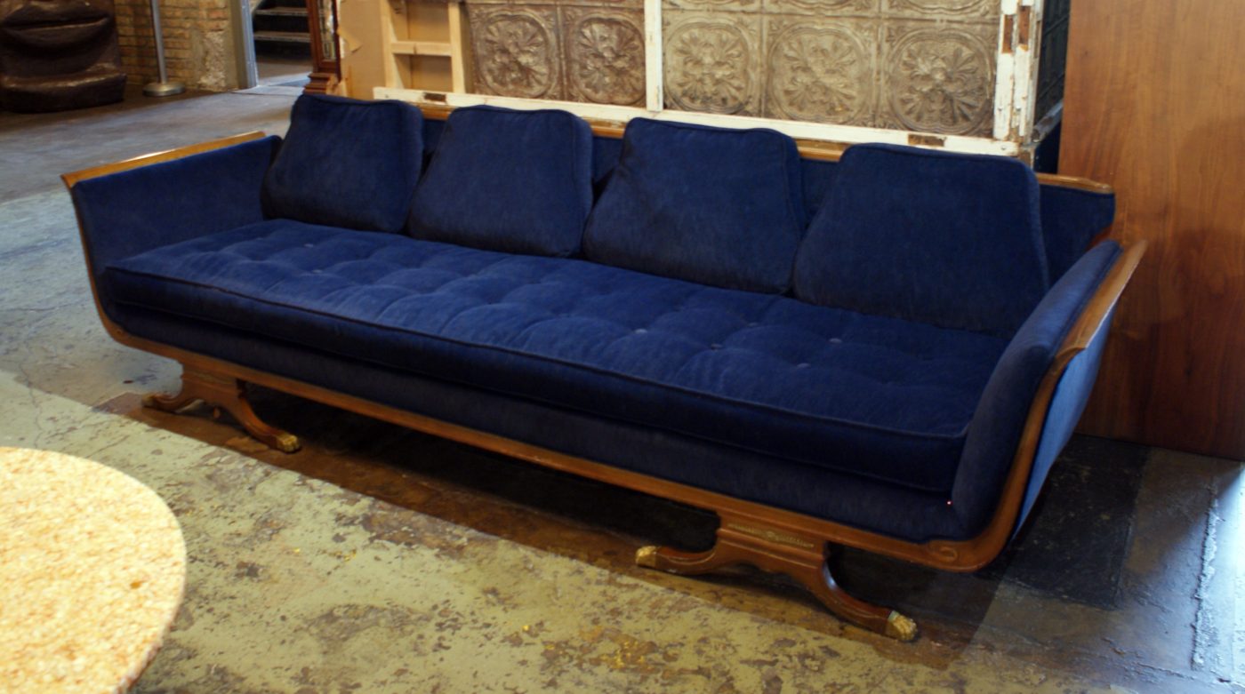 Navy Blue Hollywood Regency Sofa w Claw Feet