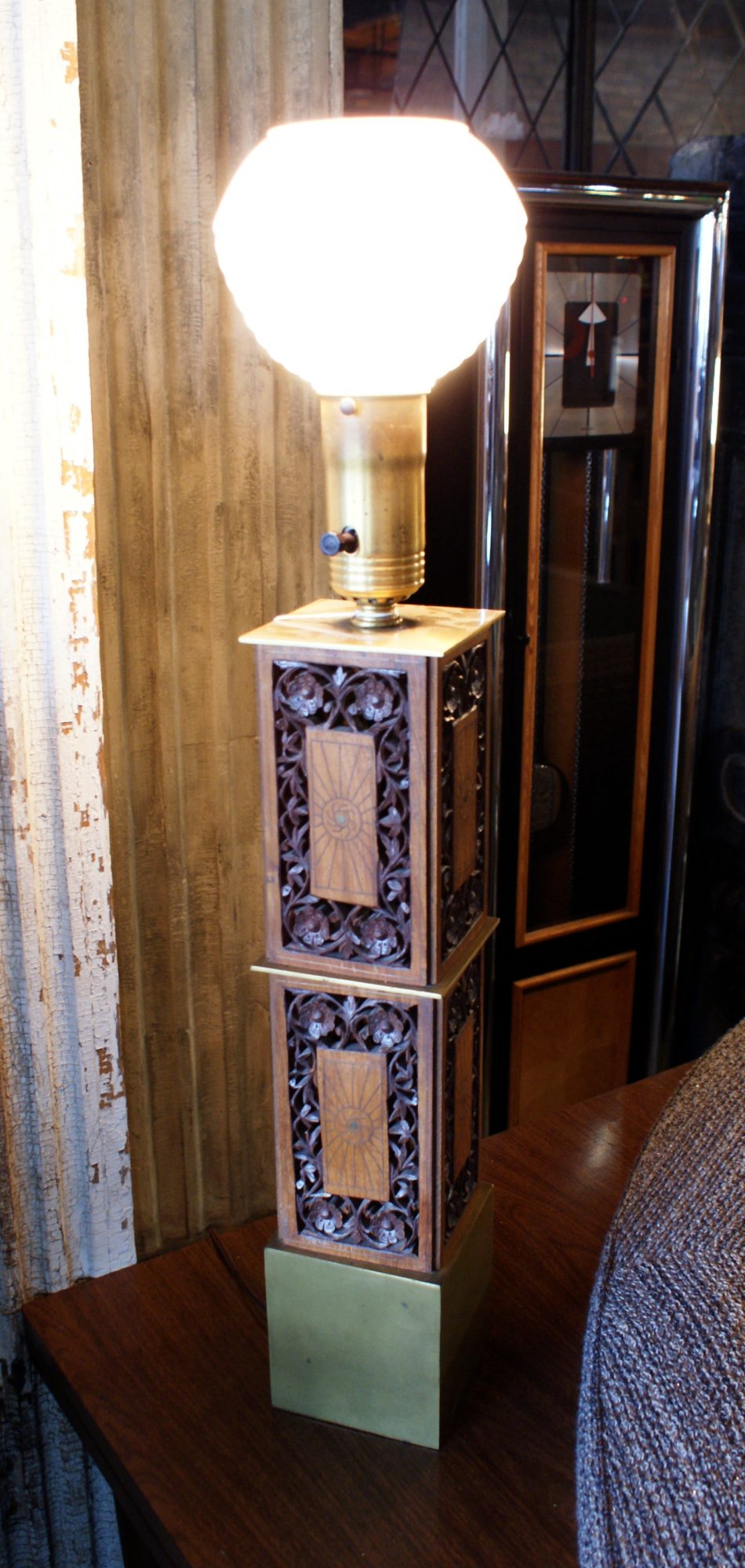 Brass Base Table Lamp w Carved Panels PAIR