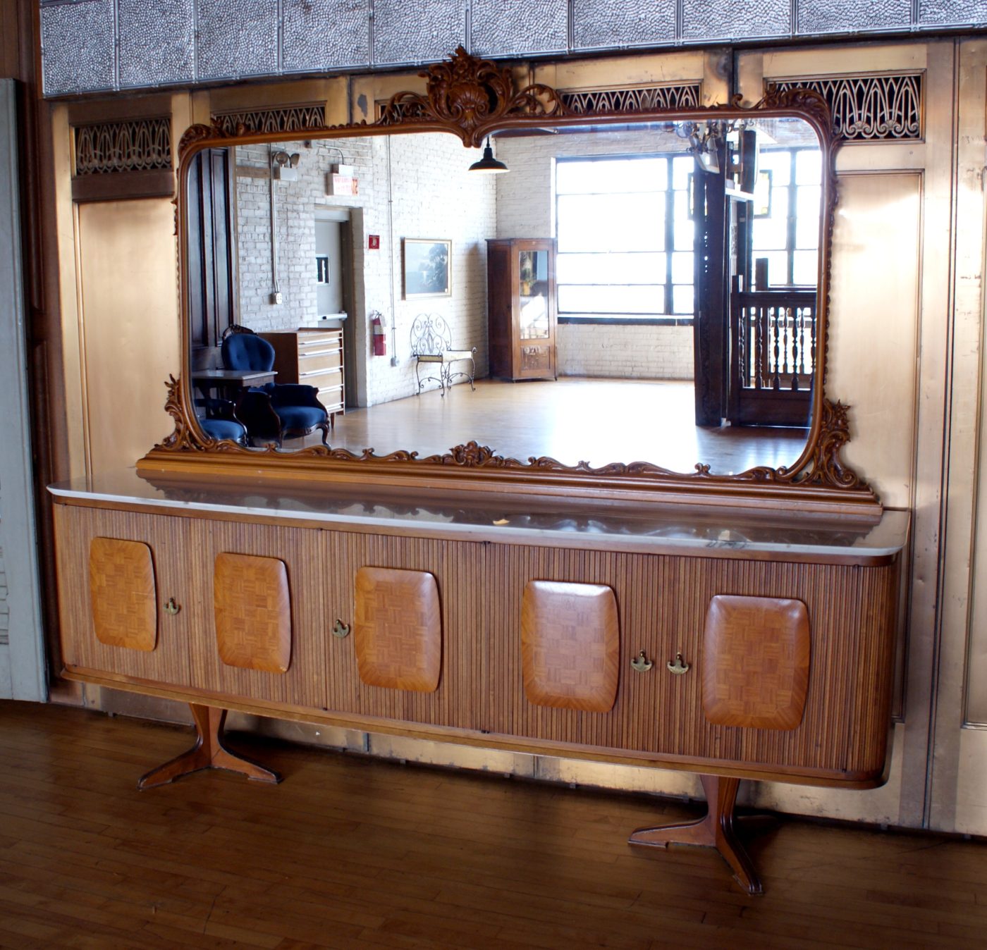 Custom Italian Marble Top Buffet w Mirror and Carved Frame