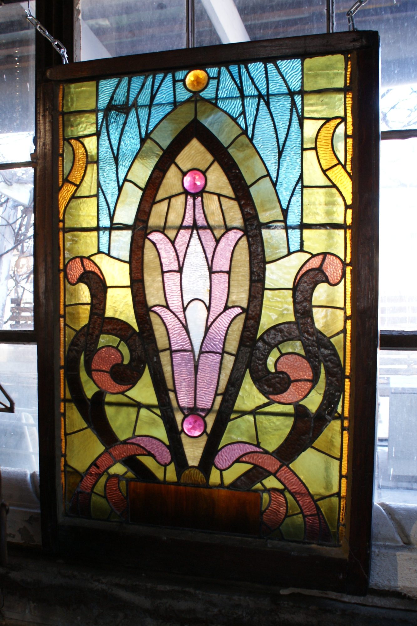 Stained Glass with Pink Flower and Jewels