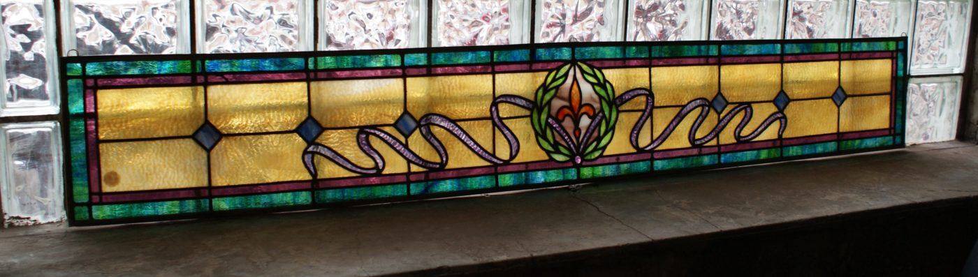 Stained Glass w Fleur De Lis Wreath and Purple Ribbon