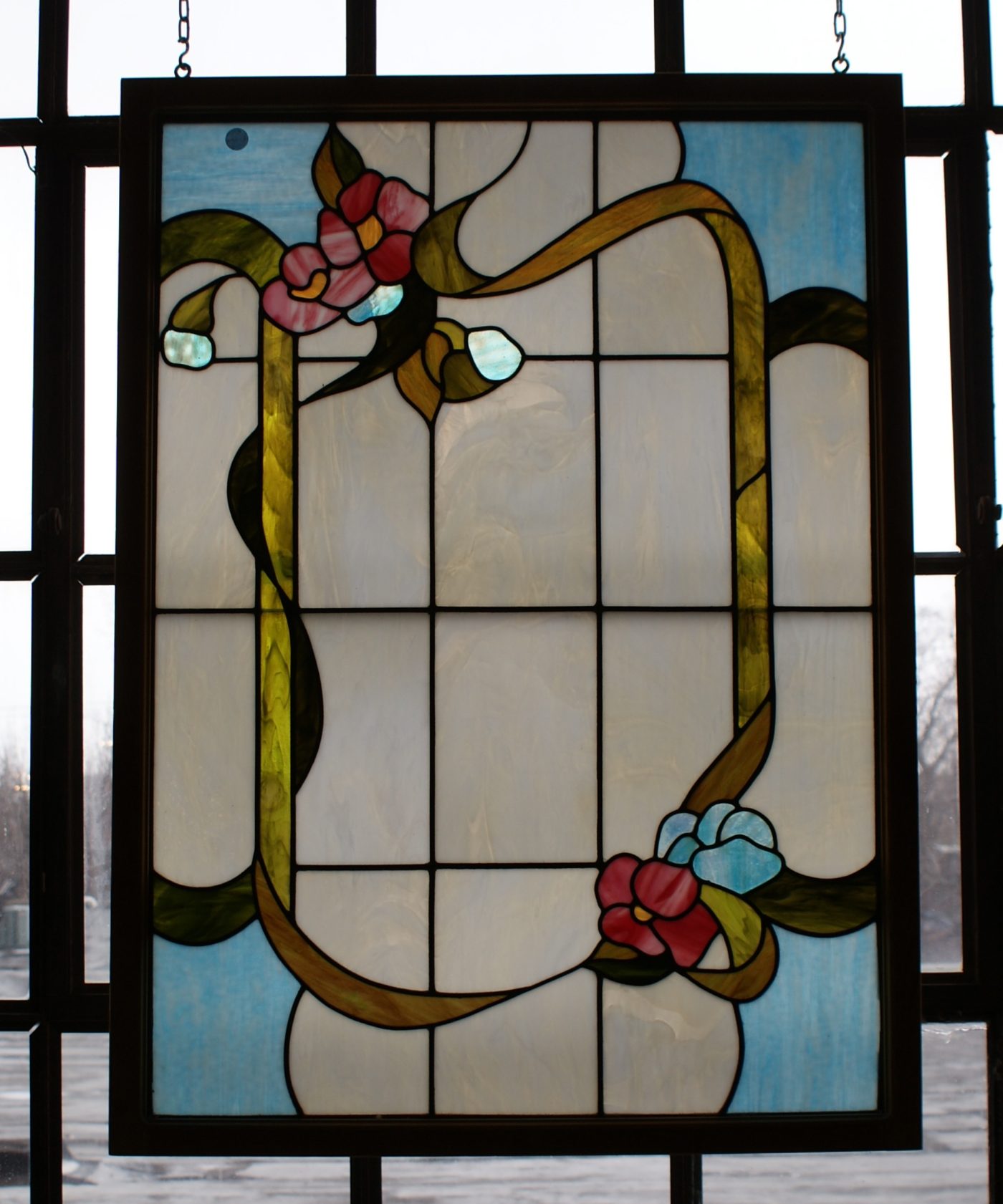 Stained Glass w White and Blue Panels 2 Red Flowers and Green Ribbon