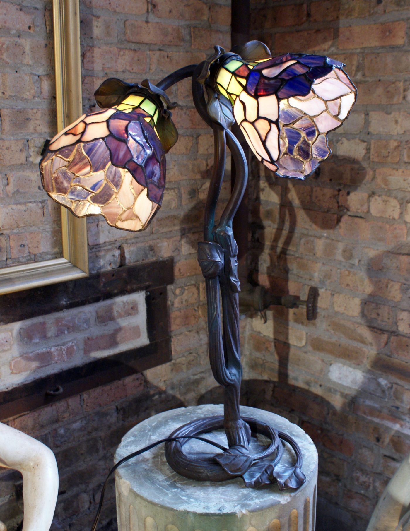 Table Lamp w 2 Flower Stained Glass Shades