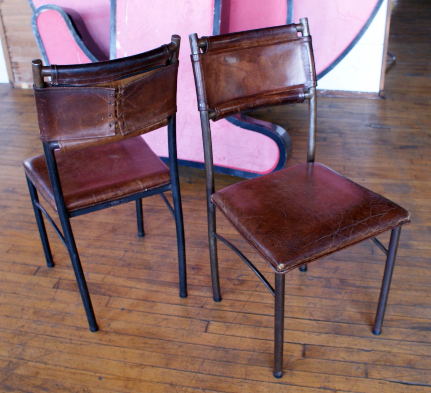 Steel Frame Dining Chair w Brown Leather Seat and Back