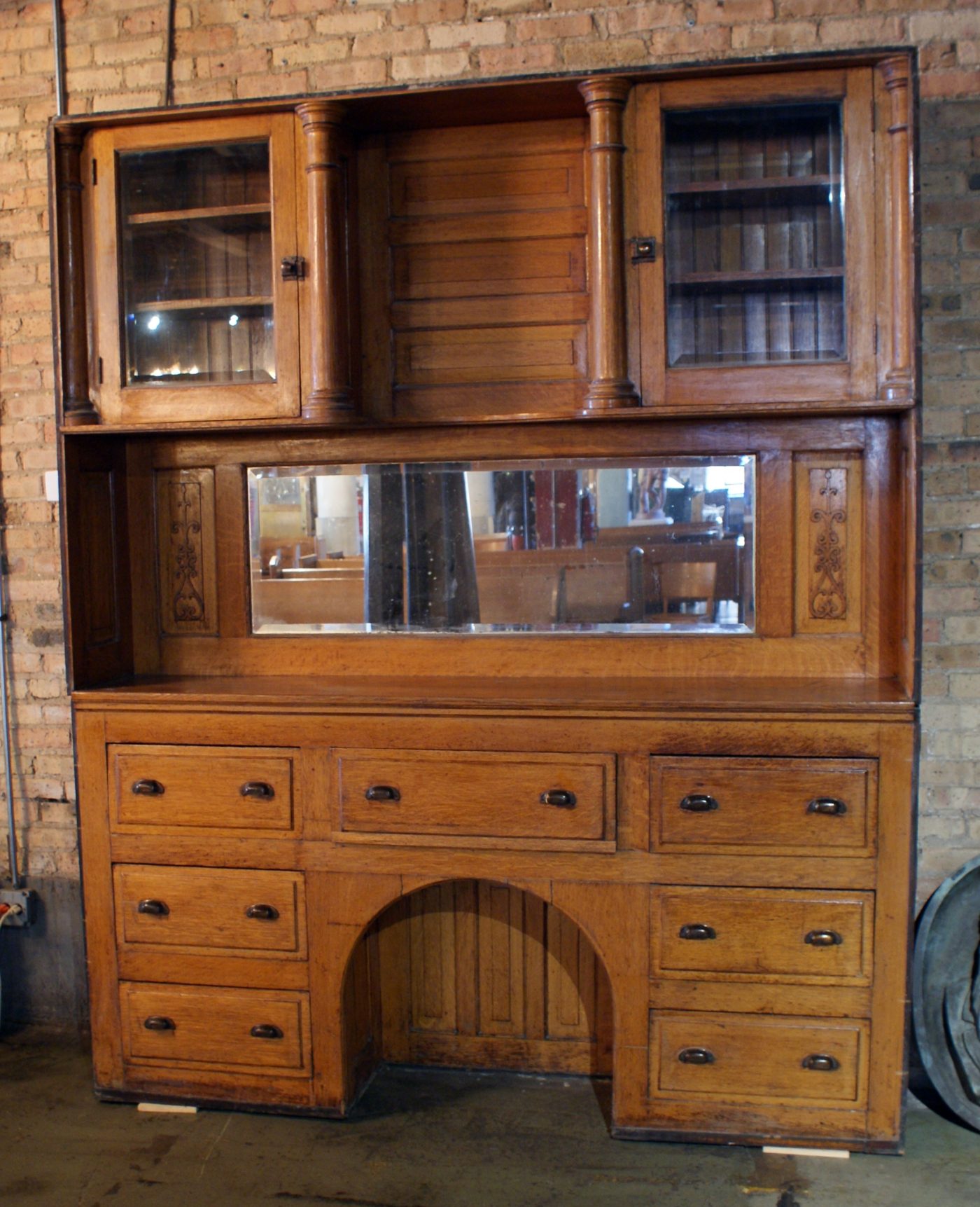 Built In Hutch w Carved Detail and Firewood Storage