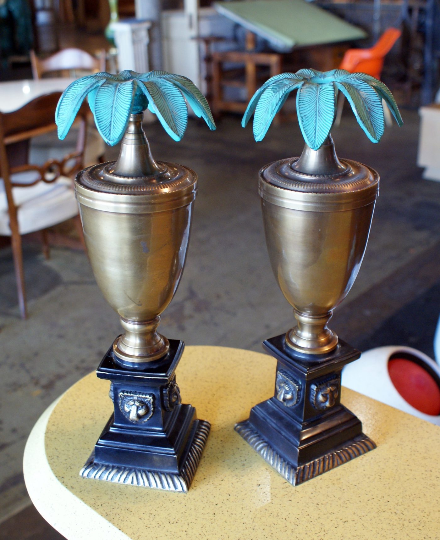 Brass Candlestick w Lion Head and Palms PAIR