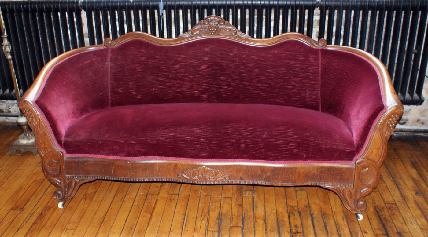 Red Victorian Sofa w Carved Frame and Casters