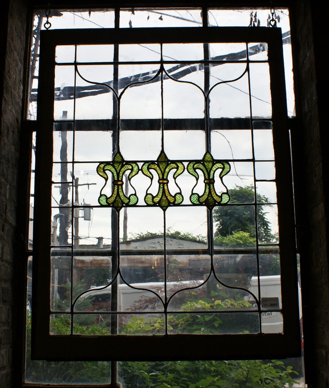 Leaded Glass Window w 3 Fleur de Lis