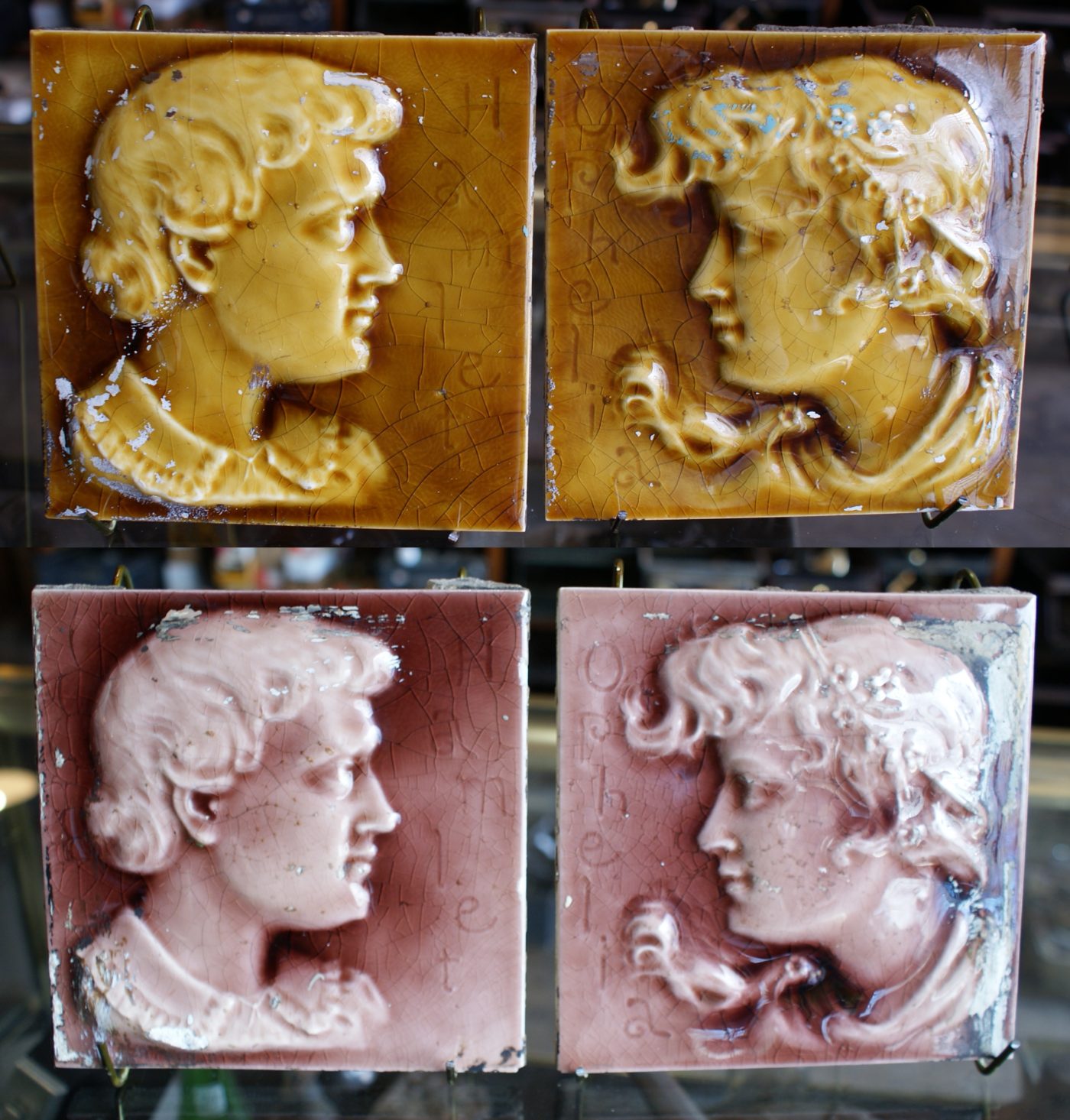 Encaustic Tile Co Hamlet and Ophilia Fireplace Tile PAIR ca 1880