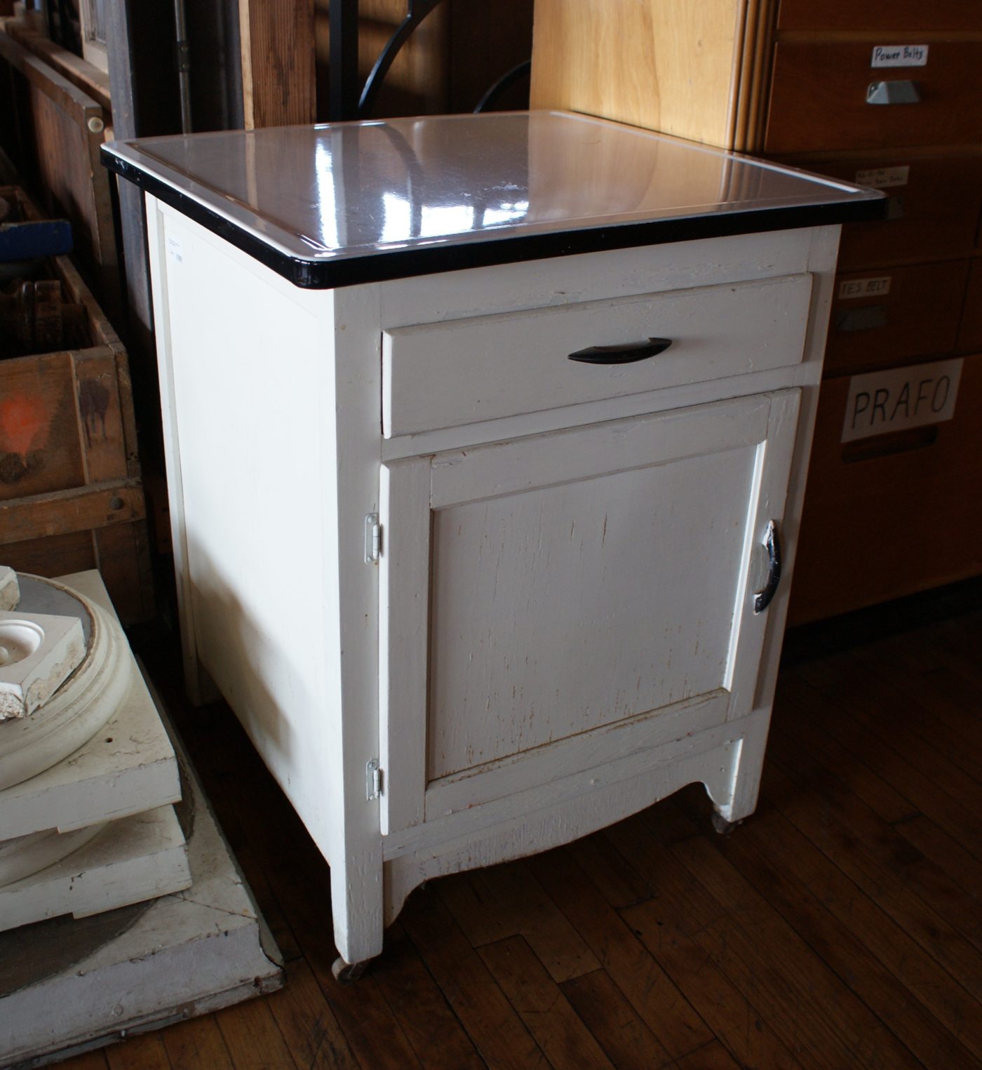 White Enamel Top Cabinet on Casters