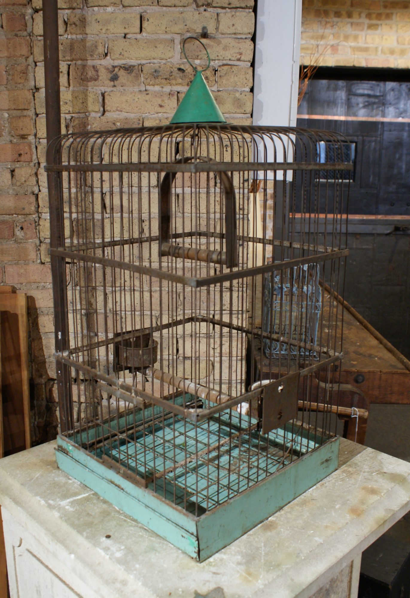 Antique Square Bird Cage w Dish