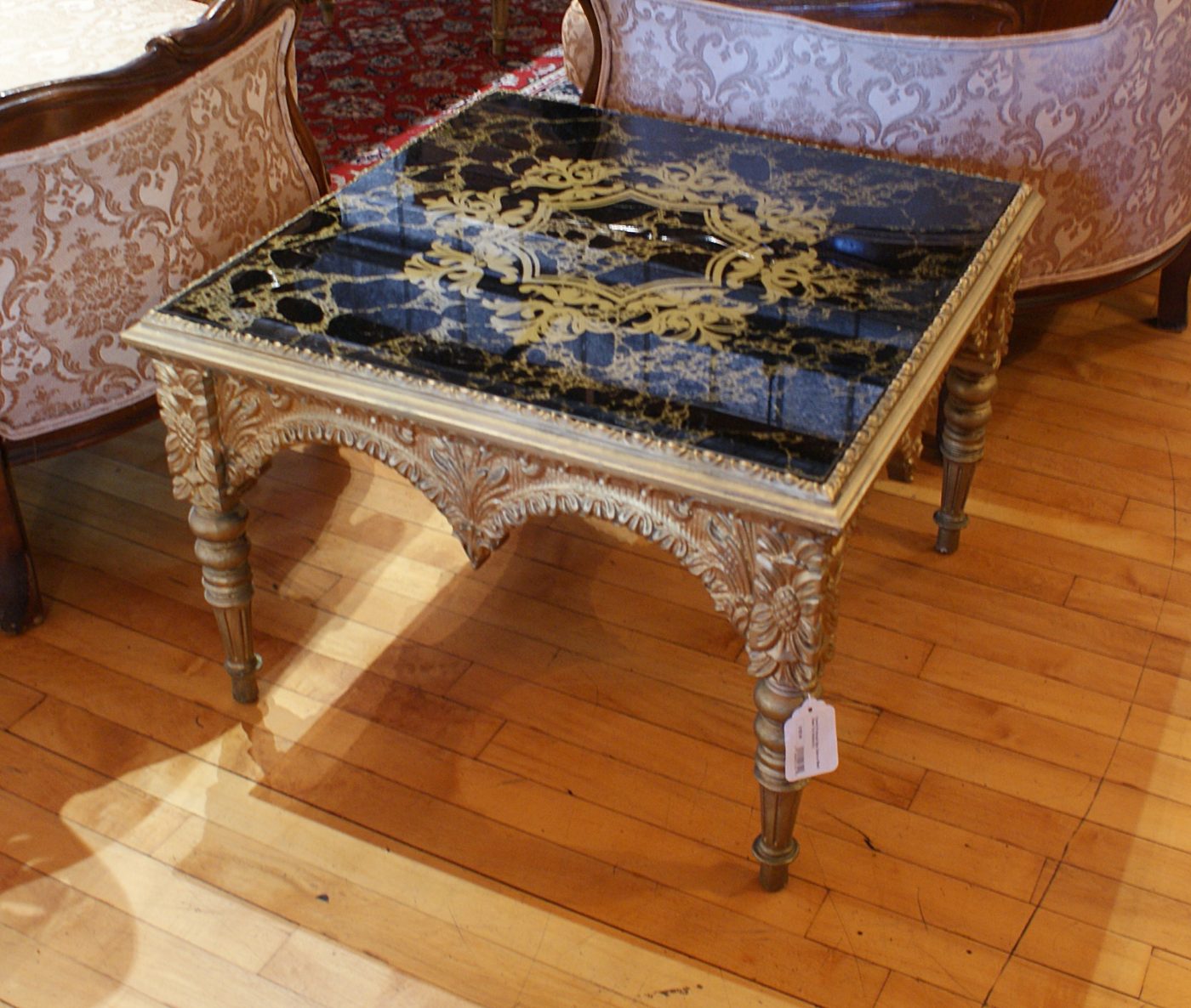 French Provincial Side Table w Black Glass Top