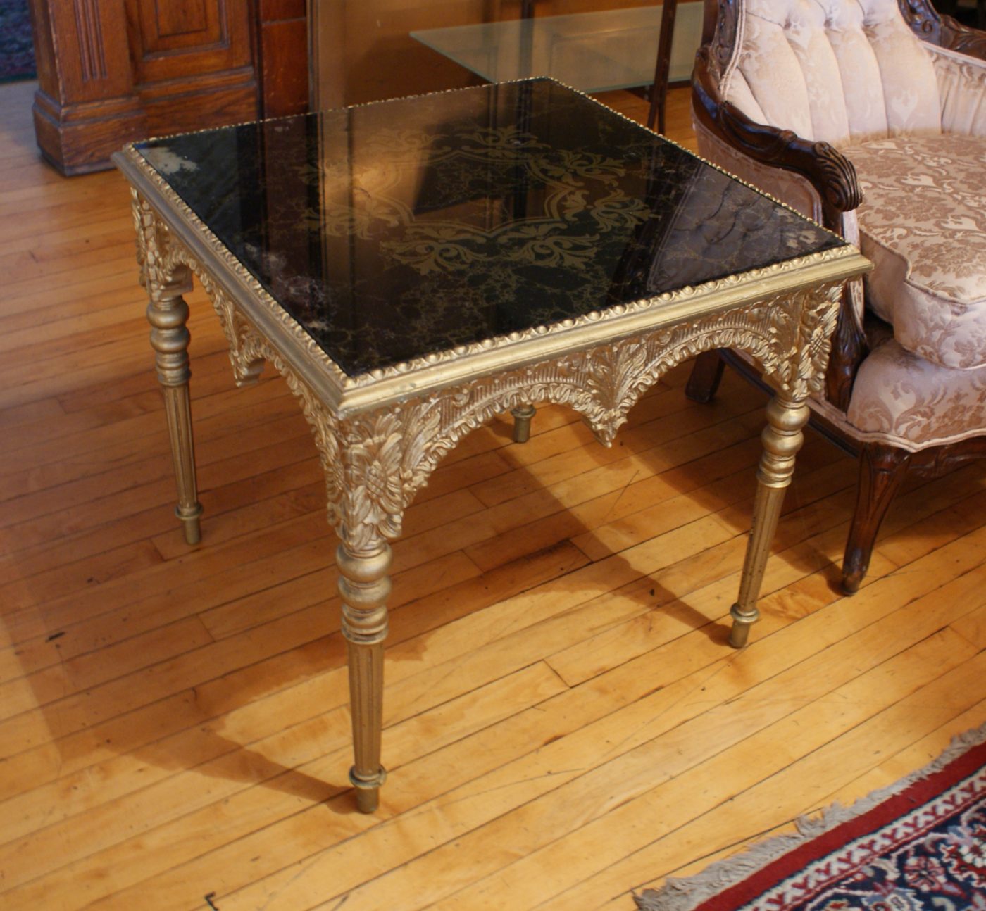 French Provincial Side Table w Black Glass Top