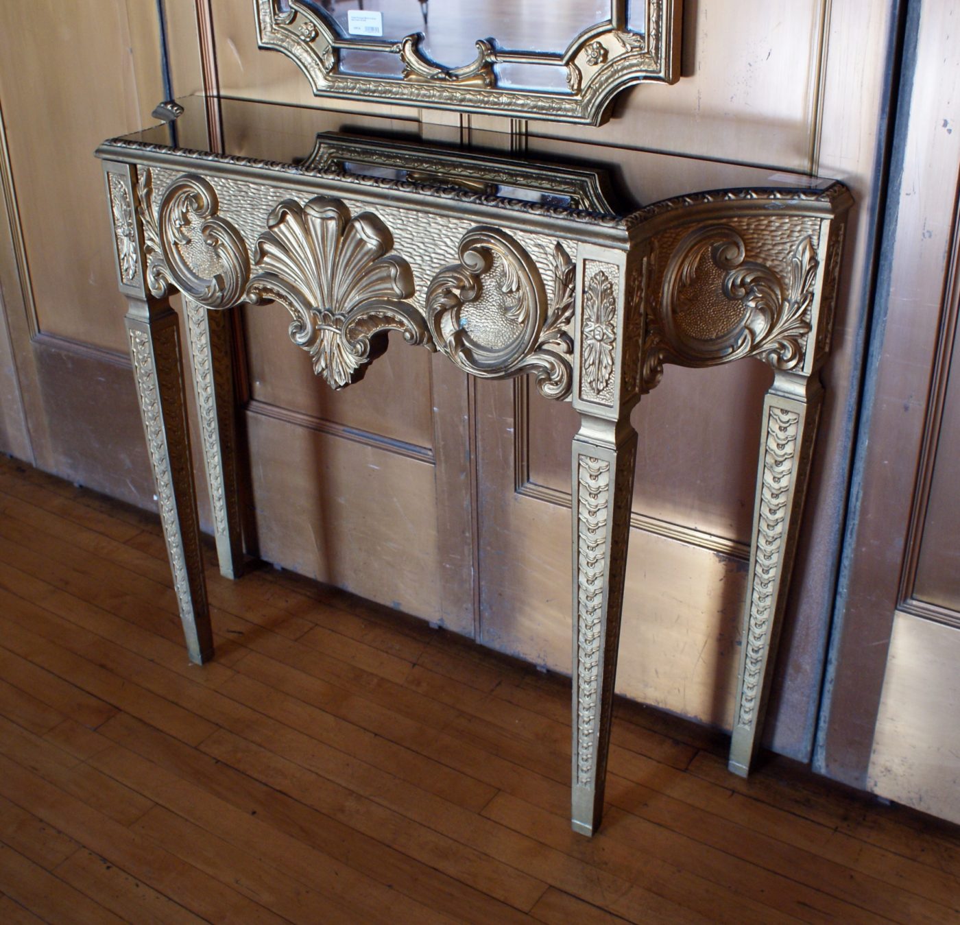 French Provincial Entry Table w Black Glass Top