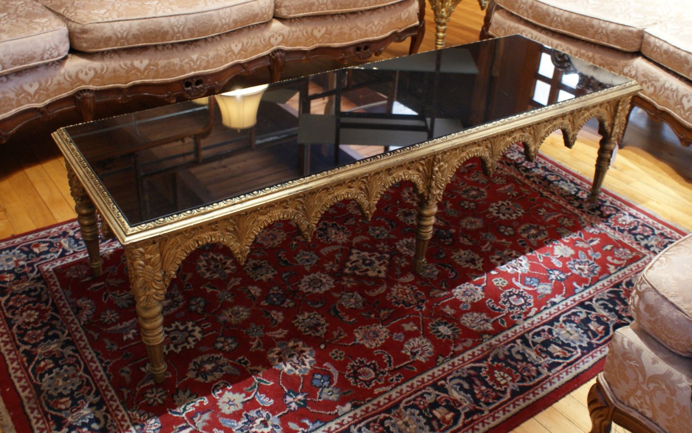 French Provincial Coffee Table w Black Glass Top