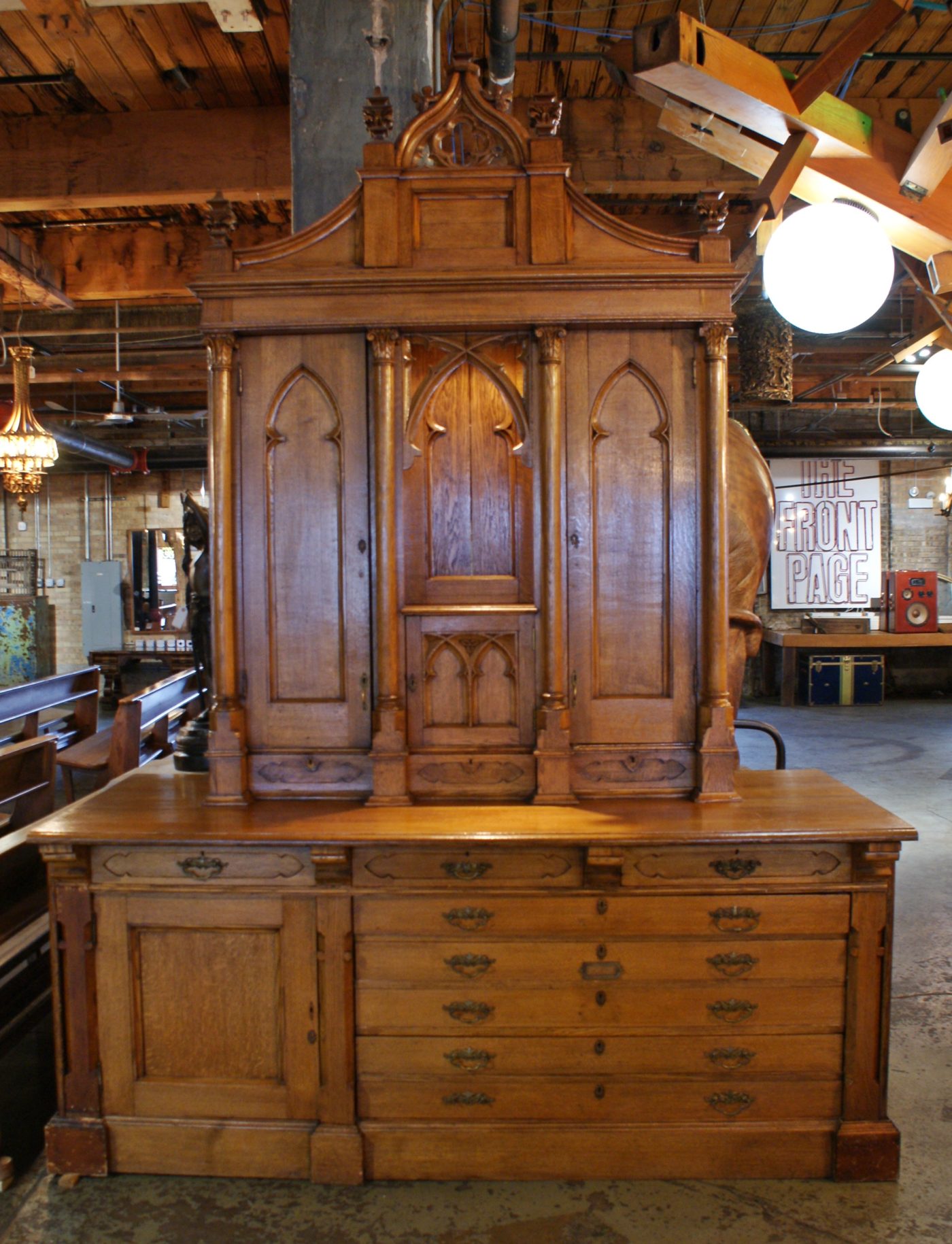 Gothic Carved Oak Vestment Cabinet w Light