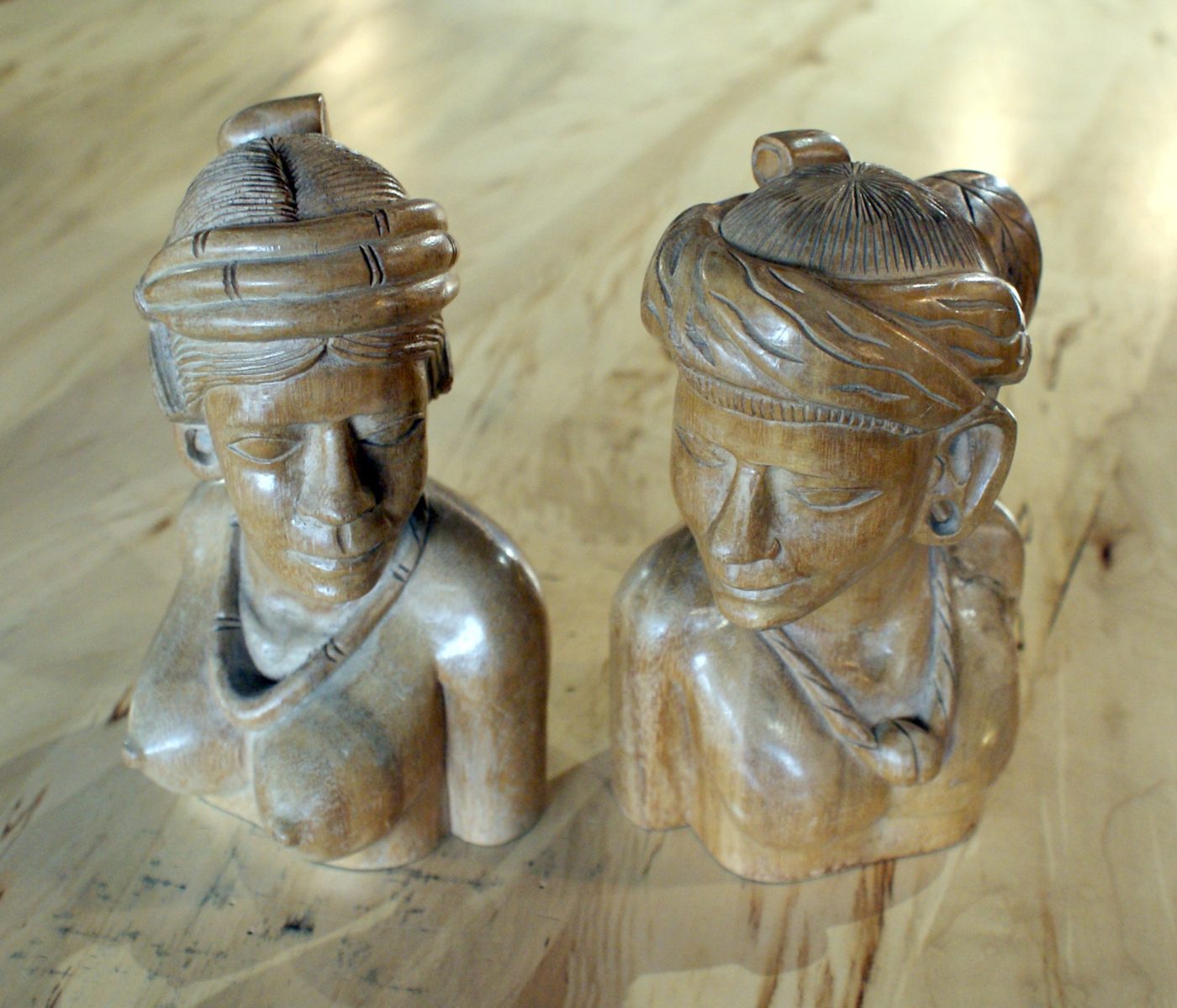 Tribal Man and Woman Carved Wood Busts