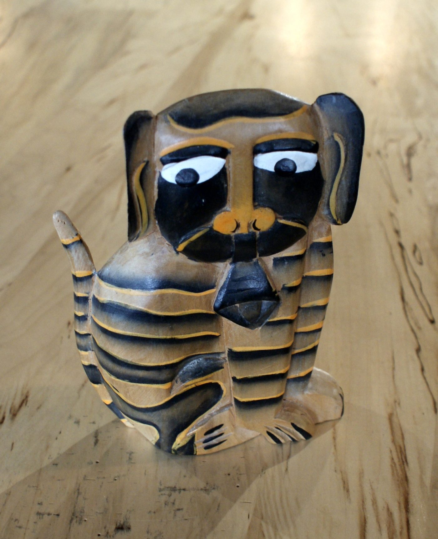 Carved Wood Striped Dog w Bell Figure