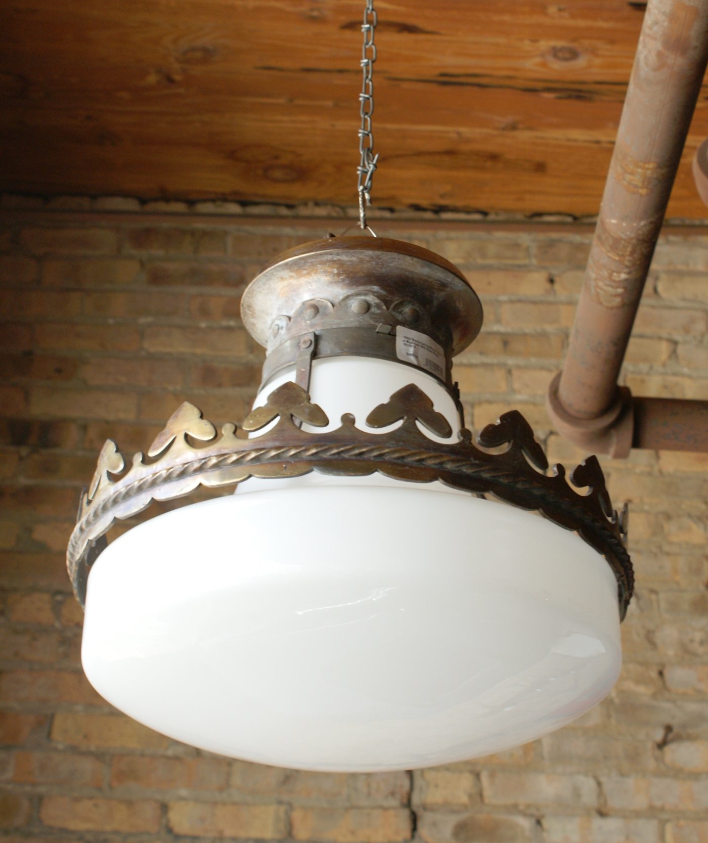 1890s Bronze Ceiling Mount Fixture w Mushroom Milk Glass Shade