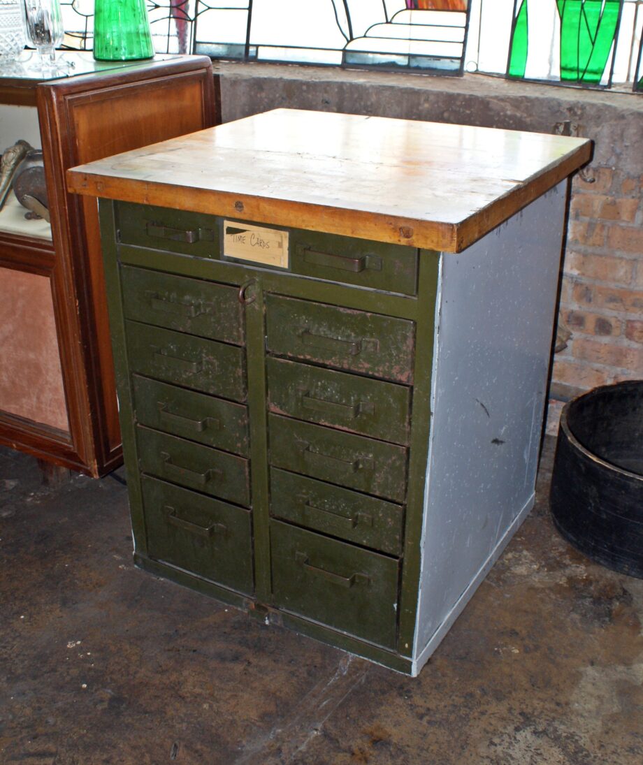 Metal Base Work Table w Drawers and Wood Butcher Top