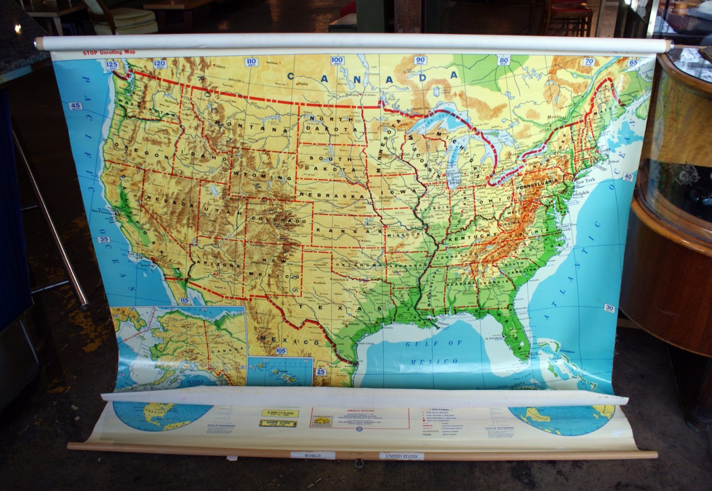 Vintage Cram's Pull Down USA World Map