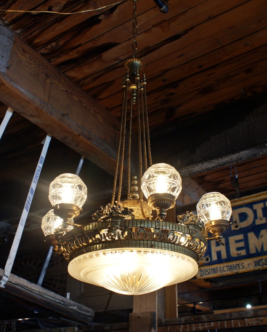 Neoclassical Brass Chandelier w 6 Globe Shades and Center Dish