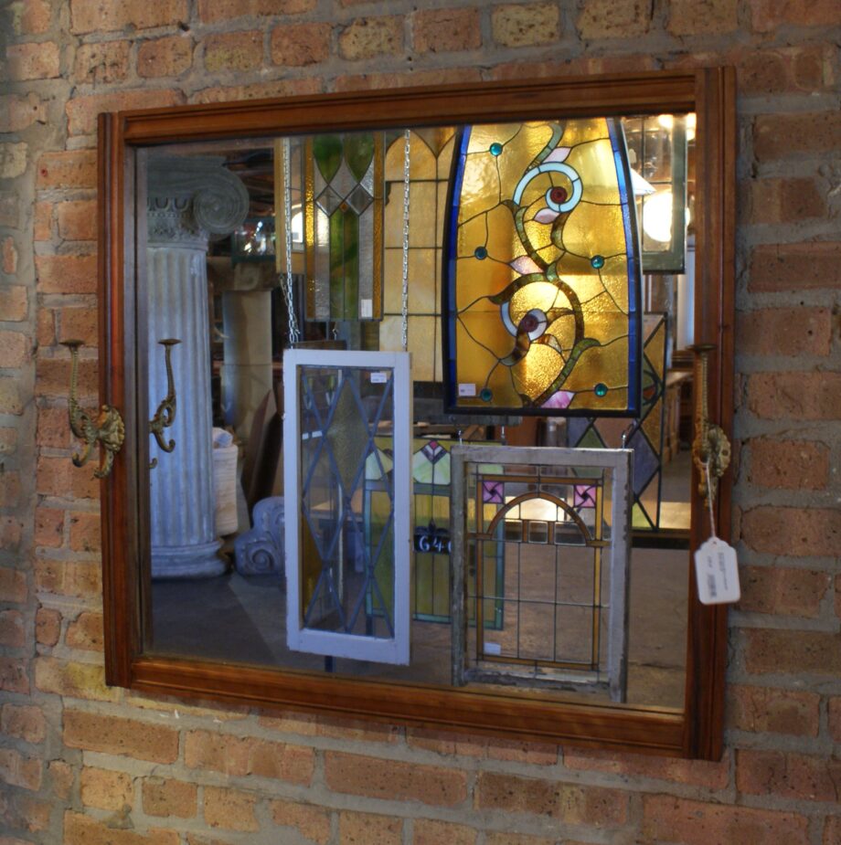 Wood Frame Mirror w Brass Hat Hooks