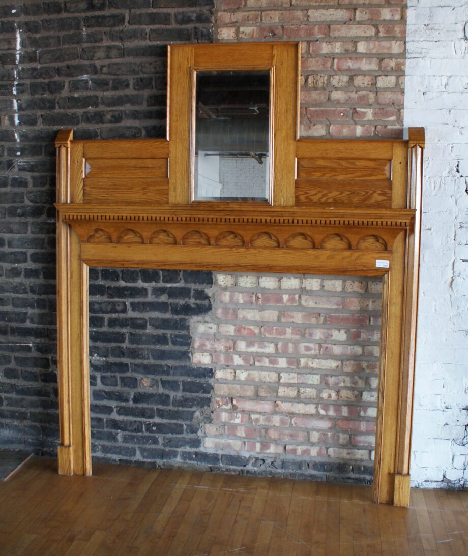 Antique Fireplace Mantel w Gothic Arches and Vertical Mirror